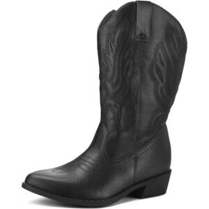 mysoft Women's Black Western Cowboy Boots Mid Calf Pointed Toe Cowgirl